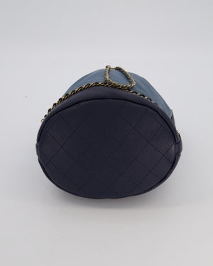 Chanel Sky Blue & Navy Drawstring Bucket Bag in Lambskin Leather with Brushed Gold Hardware & CC Detail