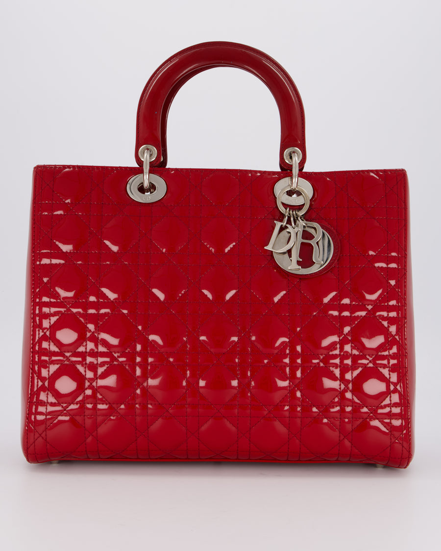 Christian Dior Cherry Red Large Lady Dior Bag in Cannage Patent Leather with Silver Hardware RRP £5,600