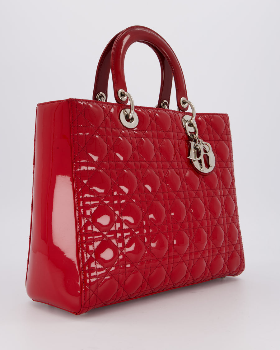 Christian Dior Cherry Red Large Lady Dior Bag in Cannage Patent Leather with Silver Hardware RRP £5,600