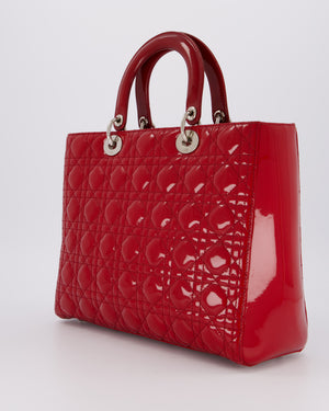 Christian Dior Cherry Red Large Lady Dior Bag in Cannage Patent Leather with Silver Hardware RRP £5,600