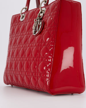 Christian Dior Cherry Red Large Lady Dior Bag in Cannage Patent Leather with Silver Hardware RRP £5,600