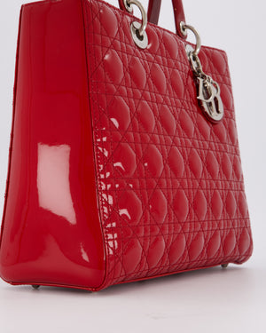 Christian Dior Cherry Red Large Lady Dior Bag in Cannage Patent Leather with Silver Hardware RRP £5,600