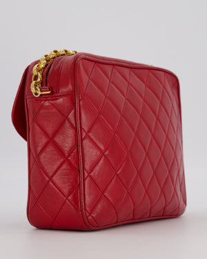 Chanel Red Vintage Diamond Quilted Camera Bag in Lambskin Leather with 24K Gold Hardware