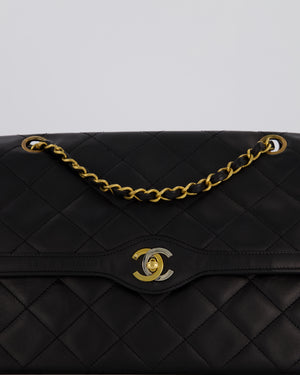 Chanel Vintage Black Medium Paris Double Flap Bag in Lambskin Leather with 24k Gold and Silver Hardware