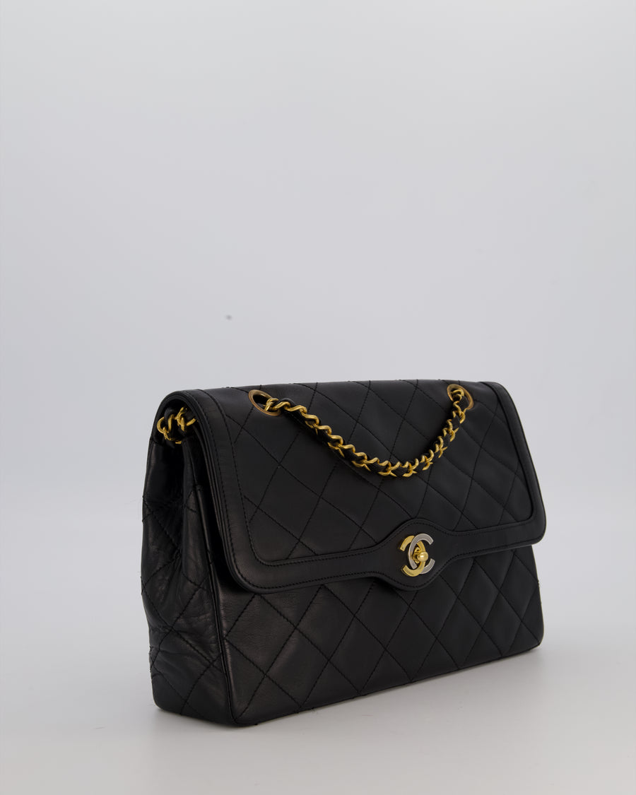 Chanel Vintage Black Medium Paris Double Flap Bag in Lambskin Leather with 24k Gold and Silver Hardware