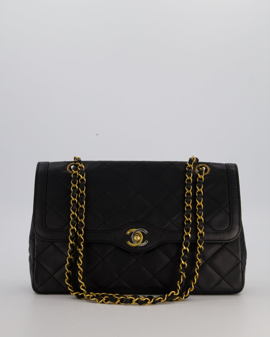 Chanel Vintage Black Medium Paris Double Flap Bag in Lambskin Leather with 24k Gold and Silver Hardware