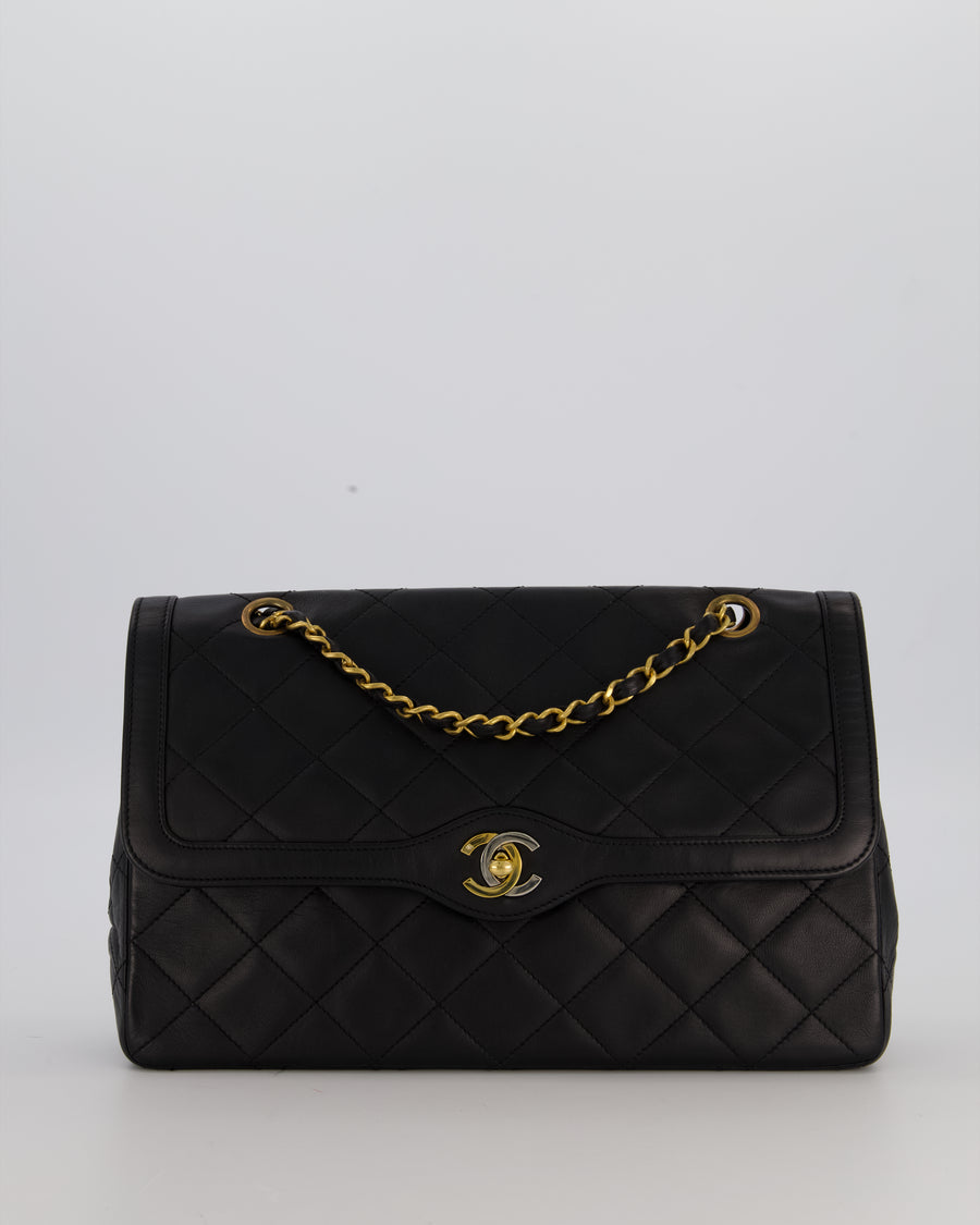 Chanel Vintage Black Medium Paris Double Flap Bag in Lambskin Leather with 24k Gold and Silver Hardware