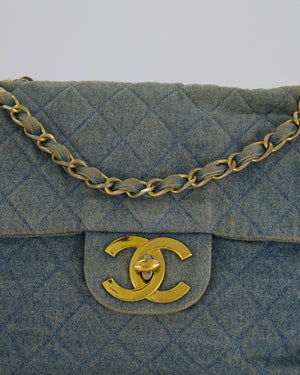 Chanel Vintage Denim Mademoiselle XL Jumbo Single Classic Flap Bag with 24K Gold Hardware