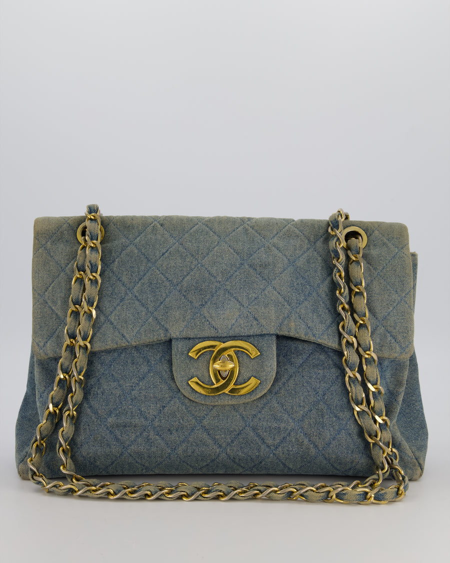 Chanel Vintage Denim Mademoiselle XL Jumbo Single Classic Flap Bag with 24K Gold Hardware