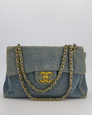 Chanel Vintage Denim Mademoiselle XL Jumbo Single Classic Flap Bag with 24K Gold Hardware