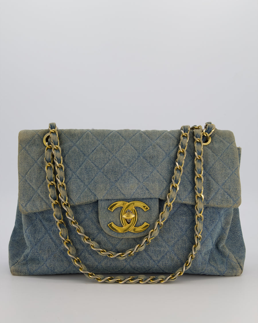 Chanel Vintage Denim Mademoiselle XL Jumbo Single Classic Flap Bag with 24K Gold Hardware