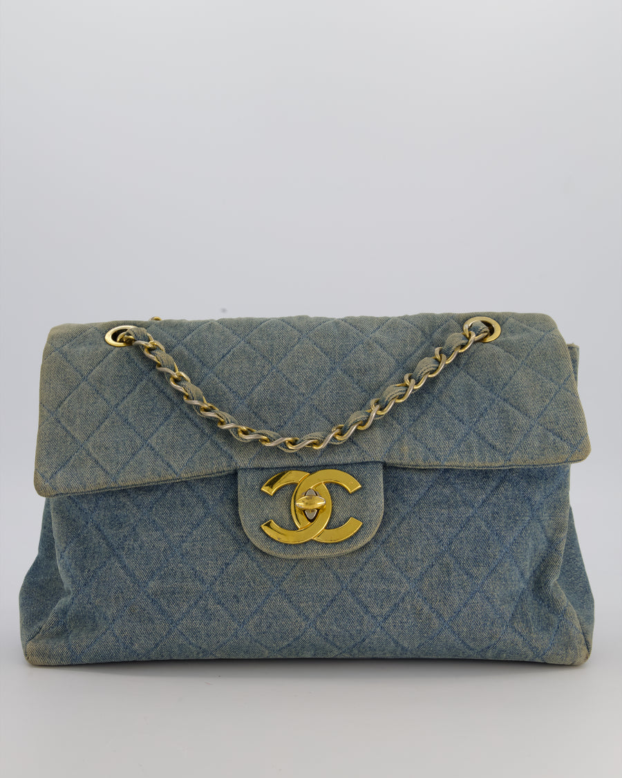 Chanel Vintage Denim Mademoiselle XL Jumbo Single Classic Flap Bag with 24K Gold Hardware