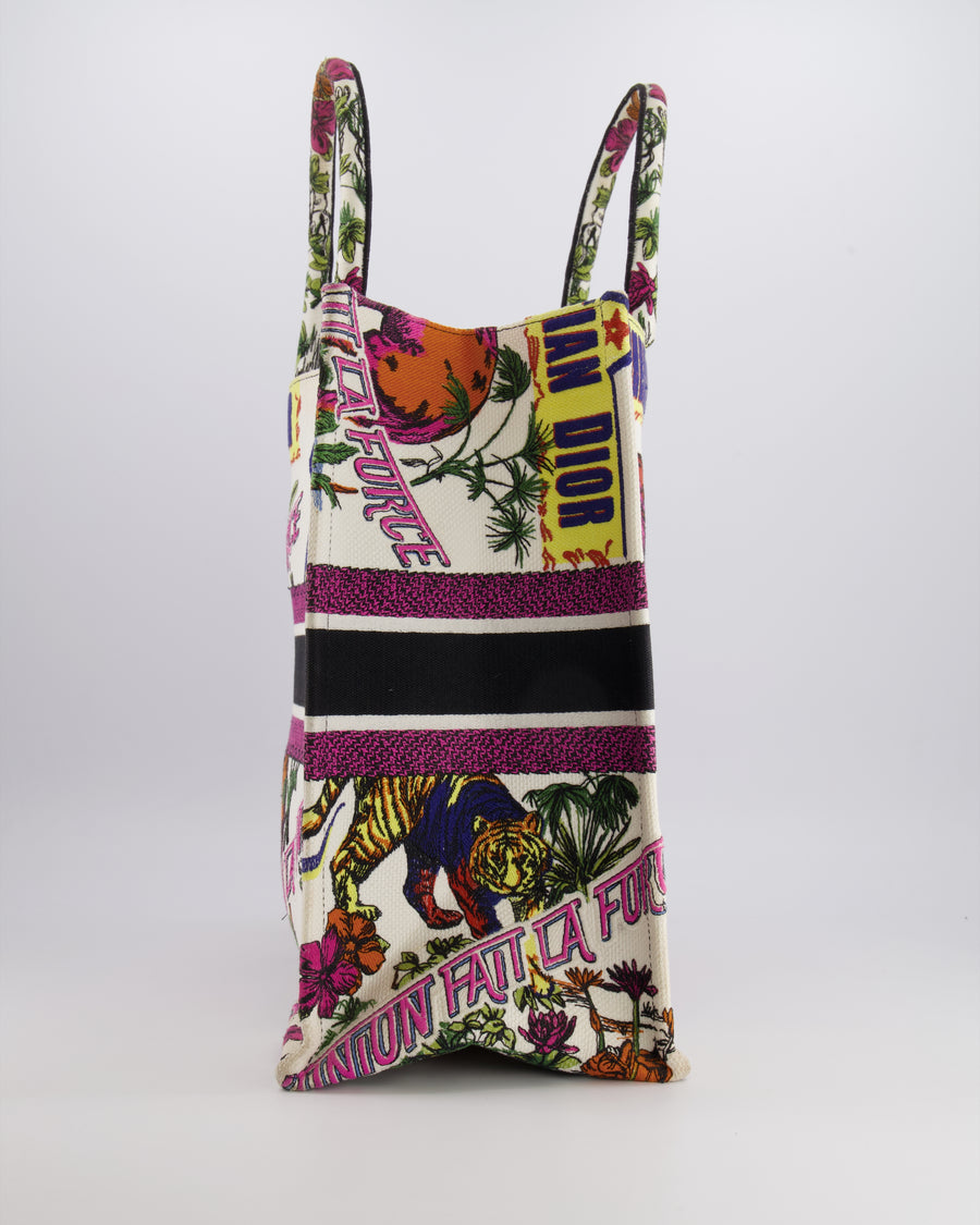 Christian Dior Fall 2023 Special Edition Multi-Colour Canvas Book Tote with Indian Animals Embroideries and Logo
