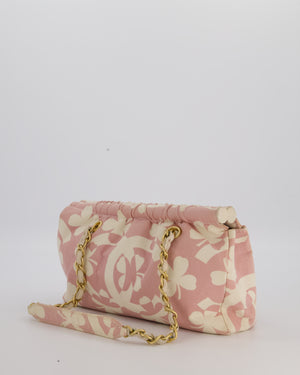 *RARE* Chanel Pink Cream Vintage Frame Bag in Canvas with Brushed Gold Hardware & Clover Print Detail