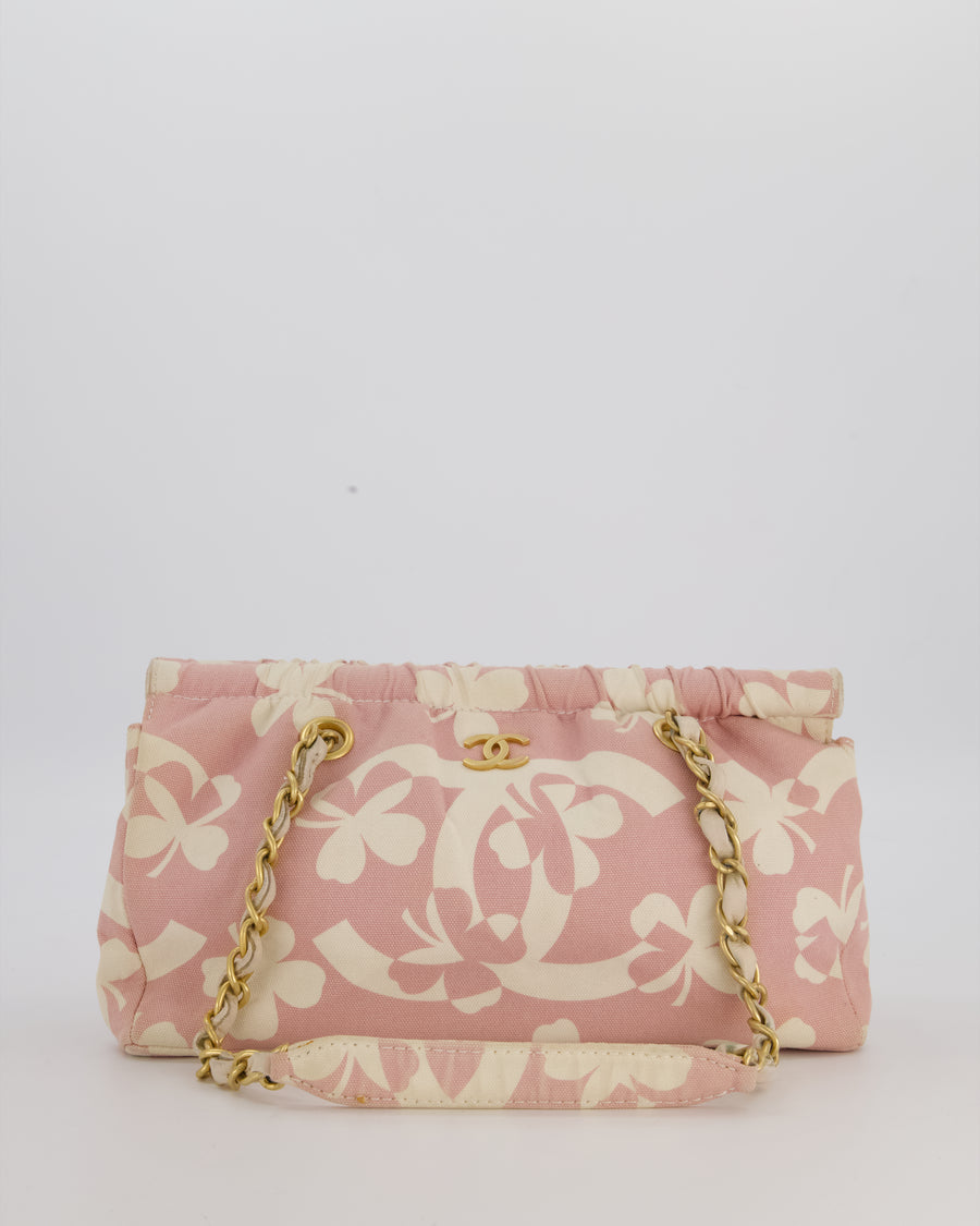 *RARE* Chanel Pink Cream Vintage Frame Bag in Canvas with Brushed Gold Hardware & Clover Print Detail