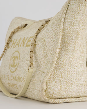 Chanel Small Canvas Deauville Tote Bag In Gold and Cream Canvas with Champagne Gold Hardware