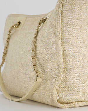 Chanel Small Canvas Deauville Tote Bag In Gold and Cream Canvas with Champagne Gold Hardware