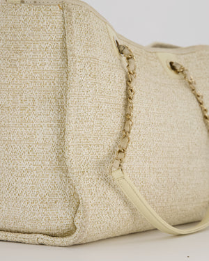 Chanel Small Canvas Deauville Tote Bag In Gold and Cream Canvas with Champagne Gold Hardware