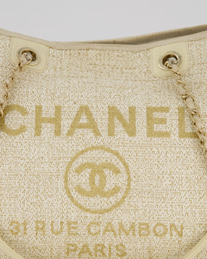 Chanel Small Canvas Deauville Tote Bag In Gold and Cream Canvas with Champagne Gold Hardware