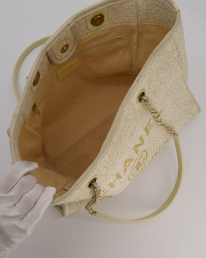 Chanel Small Canvas Deauville Tote Bag In Gold and Cream Canvas with Champagne Gold Hardware