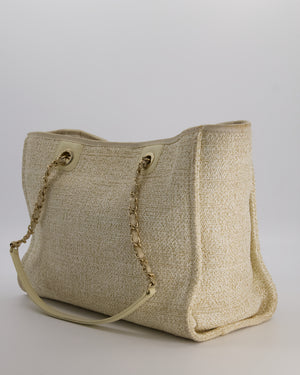 Chanel Small Canvas Deauville Tote Bag In Gold and Cream Canvas with Champagne Gold Hardware