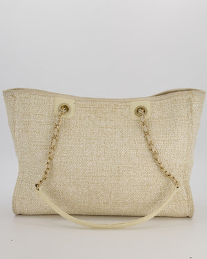 Chanel Small Canvas Deauville Tote Bag In Gold and Cream Canvas with Champagne Gold Hardware
