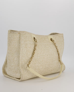 Chanel Small Canvas Deauville Tote Bag In Gold and Cream Canvas with Champagne Gold Hardware
