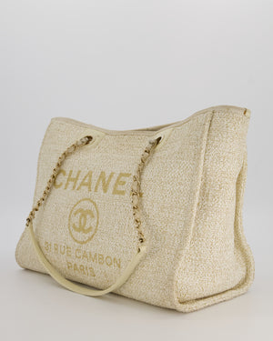 Chanel Small Canvas Deauville Tote Bag In Gold and Cream Canvas with Champagne Gold Hardware