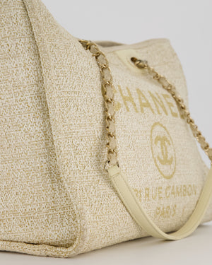 Chanel Small Canvas Deauville Tote Bag In Gold and Cream Canvas with Champagne Gold Hardware