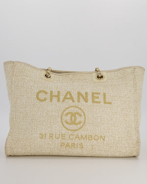 Chanel Small Canvas Deauville Tote Bag In Gold and Cream Canvas with Champagne Gold Hardware