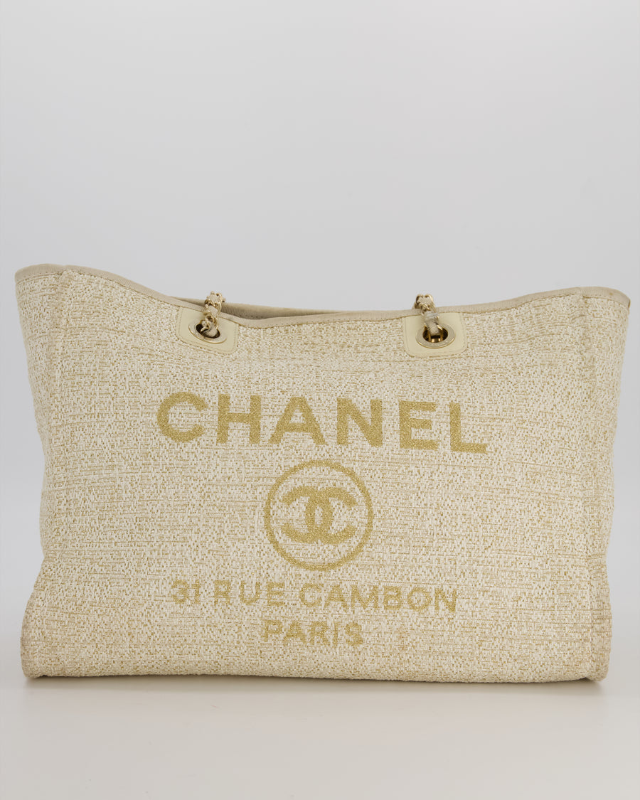 Chanel Small Canvas Deauville Tote Bag In Gold and Cream Canvas with Champagne Gold Hardware