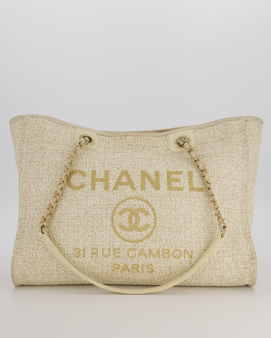 Chanel Small Canvas Deauville Tote Bag In Gold and Cream Canvas with Champagne Gold Hardware