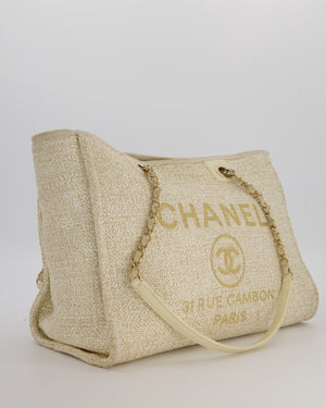 Chanel Small Canvas Deauville Tote Bag In Gold and Cream Canvas with Champagne Gold Hardware