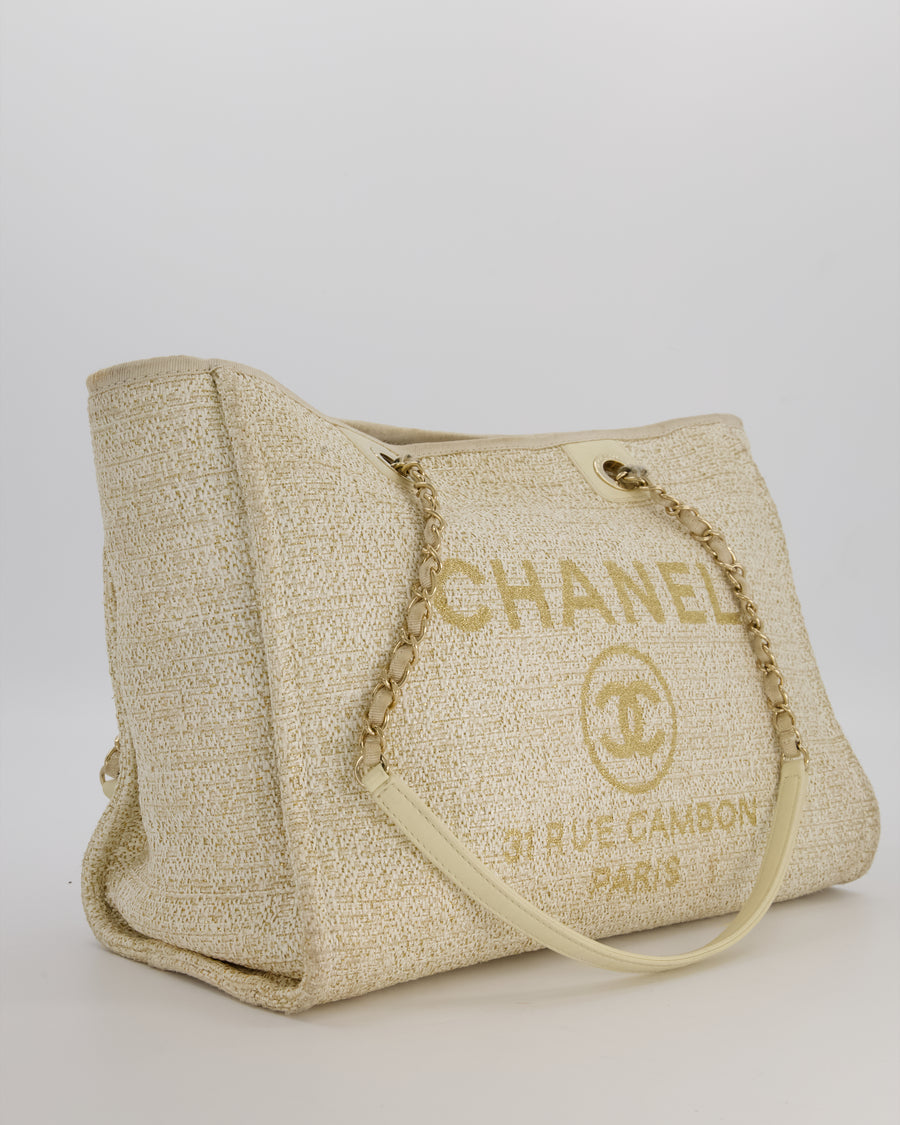 Chanel Small Canvas Deauville Tote Bag In Gold and Cream Canvas with Champagne Gold Hardware