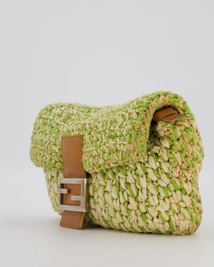 Fendi Green Vintage Baguette Bag in Woven Raffia & Brown Leather with Silver Hardware