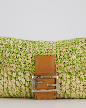 Fendi Green Vintage Baguette Bag in Woven Raffia & Brown Leather with Silver Hardware