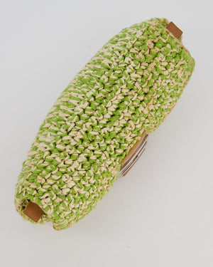 Fendi Green Vintage Baguette Bag in Woven Raffia & Brown Leather with Silver Hardware