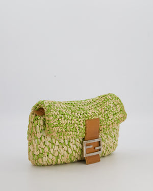 Fendi Green Vintage Baguette Bag in Woven Raffia & Brown Leather with Silver Hardware