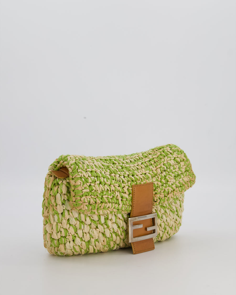Fendi Green Vintage Baguette Bag in Woven Raffia & Brown Leather with Silver Hardware