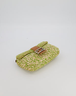 Fendi Green Vintage Baguette Bag in Woven Raffia & Brown Leather with Silver Hardware
