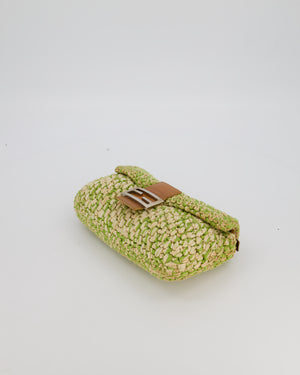 Fendi Green Vintage Baguette Bag in Woven Raffia & Brown Leather with Silver Hardware