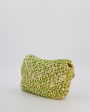 Fendi Green Vintage Baguette Bag in Woven Raffia & Brown Leather with Silver Hardware