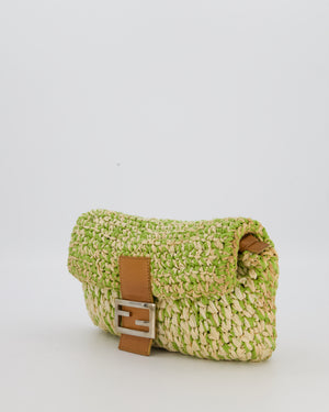 Fendi Green Vintage Baguette Bag in Woven Raffia & Brown Leather with Silver Hardware