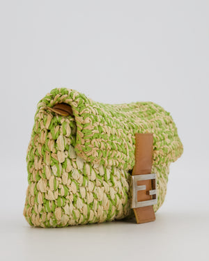 Fendi Green Vintage Baguette Bag in Woven Raffia & Brown Leather with Silver Hardware