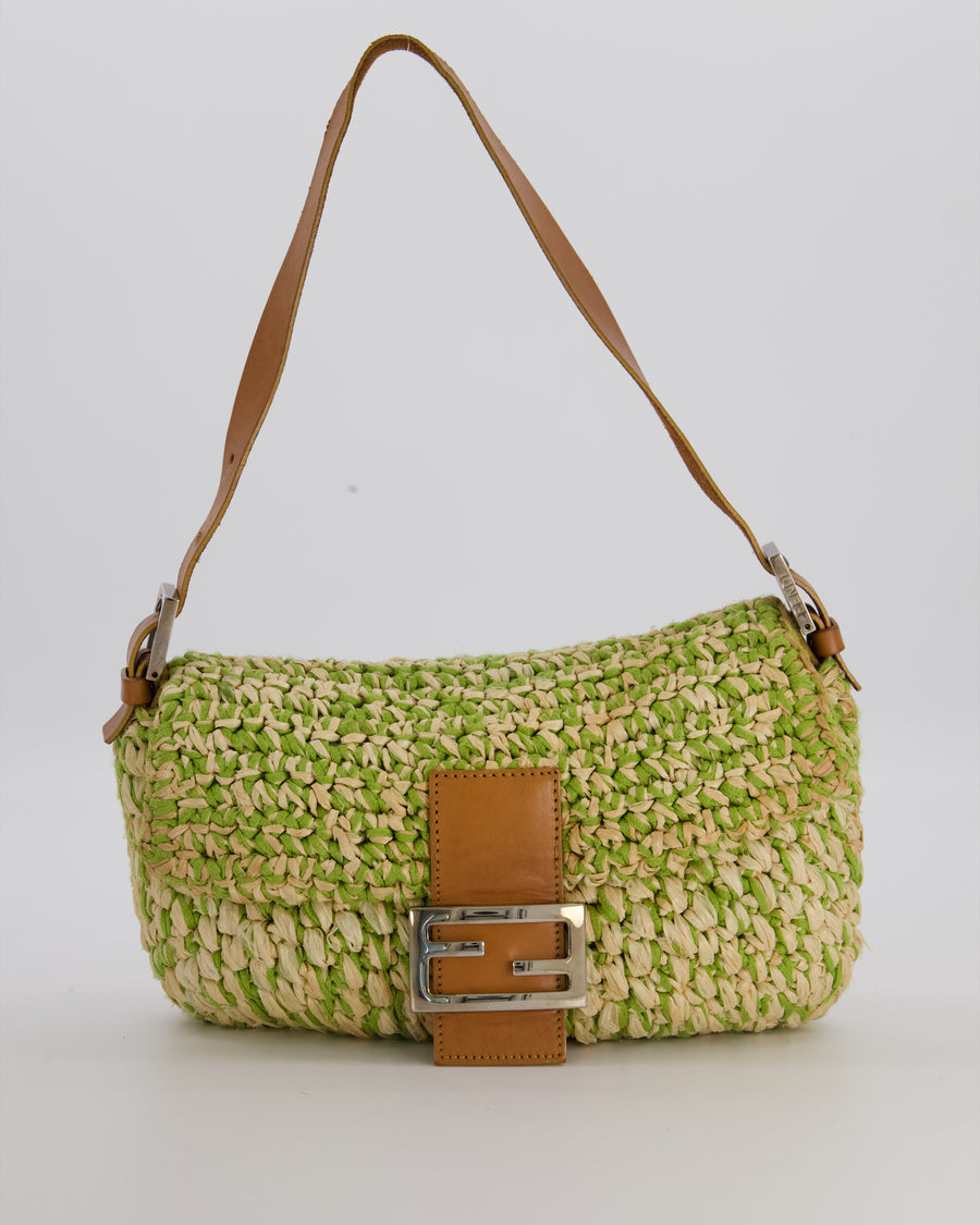 Fendi Green Vintage Baguette Bag in Woven Raffia & Brown Leather with Silver Hardware