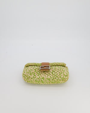 Fendi Green Vintage Baguette Bag in Woven Raffia & Brown Leather with Silver Hardware
