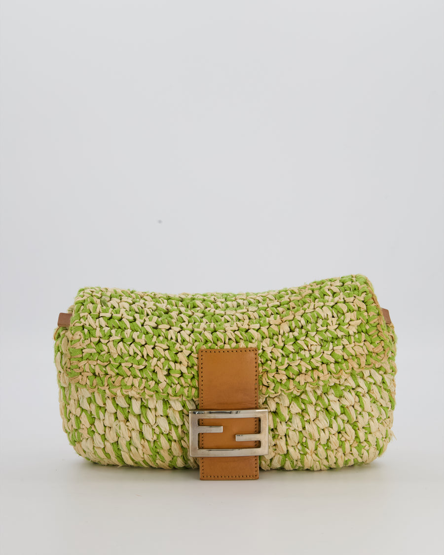 Fendi Green Vintage Baguette Bag in Woven Raffia & Brown Leather with Silver Hardware