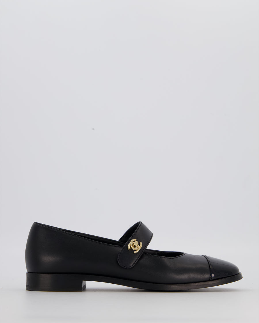 Chanel Black Patent Toe Mary Jane Shoes with CC Turn Lock Detail Size EU 37