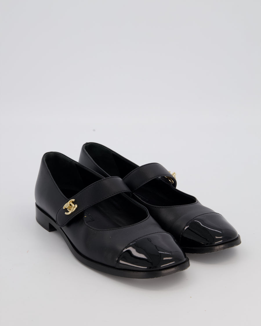 Chanel Black Patent Toe Mary Jane Shoes with CC Turn Lock Detail Size EU 37