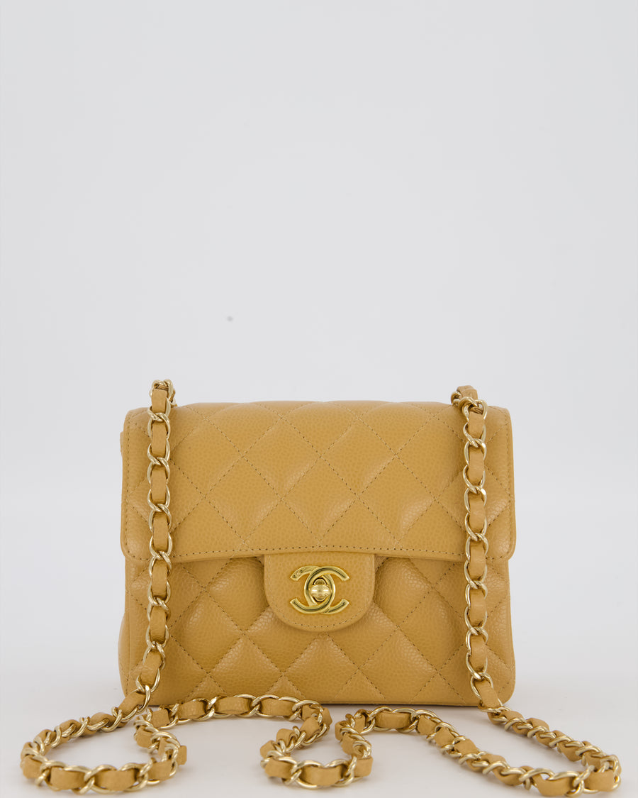 Chanel Beige Claire Vintage Mini Square Single Flap Bag In Caviar Leather With 24K Gold Hardware